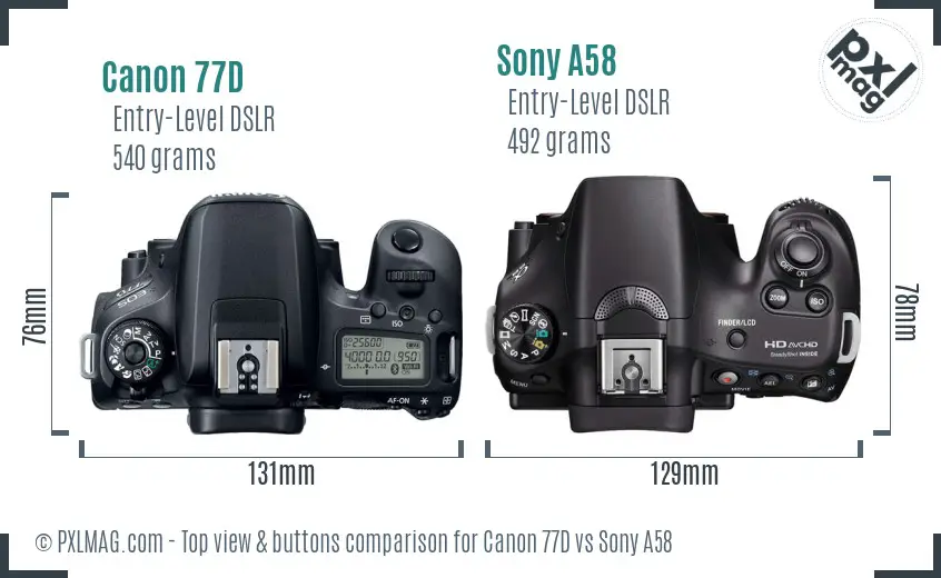 Canon 77D vs Sony A58 top view buttons comparison