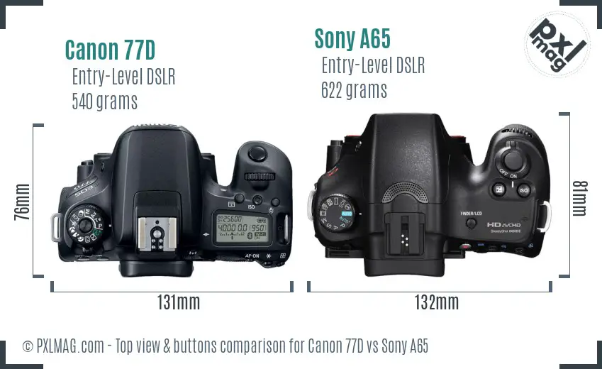 Canon 77D vs Sony A65 top view buttons comparison