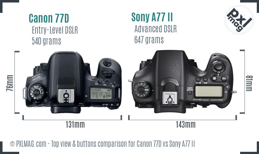Canon 77D vs Sony A77 II top view buttons comparison