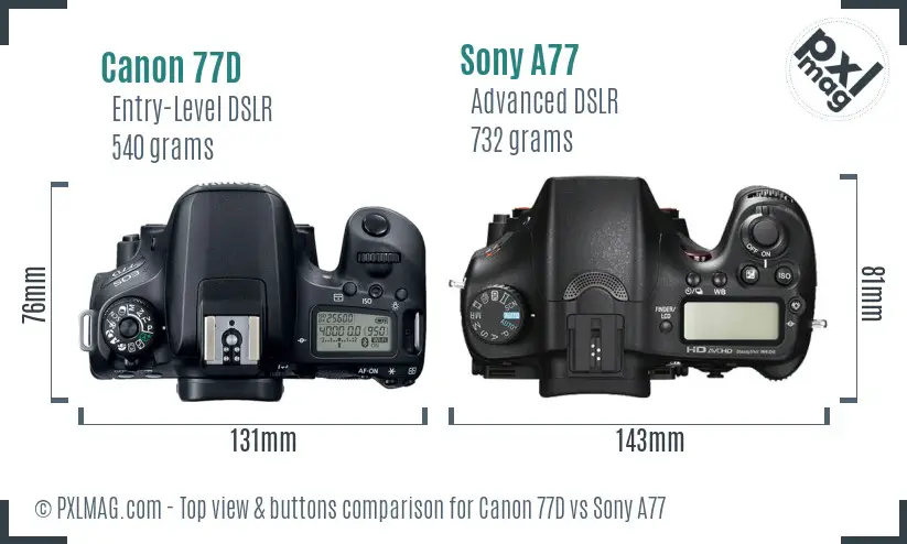 Canon 77D vs Sony A77 top view buttons comparison