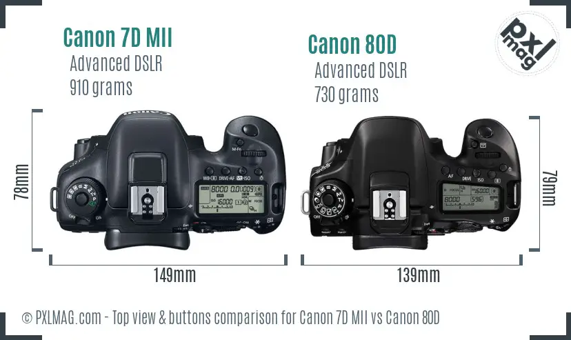 Canon 7D MII vs Canon 80D top view buttons comparison