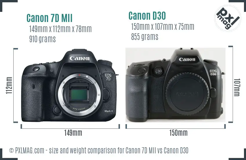 Canon 7D MII vs Canon D30 size comparison