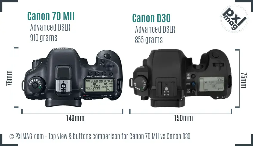 Canon 7D MII vs Canon D30 top view buttons comparison