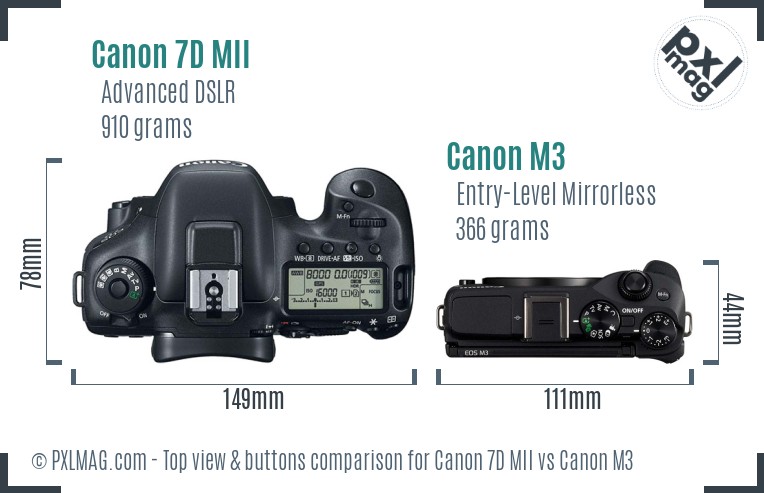 Canon 7D MII vs Canon M3 top view buttons comparison