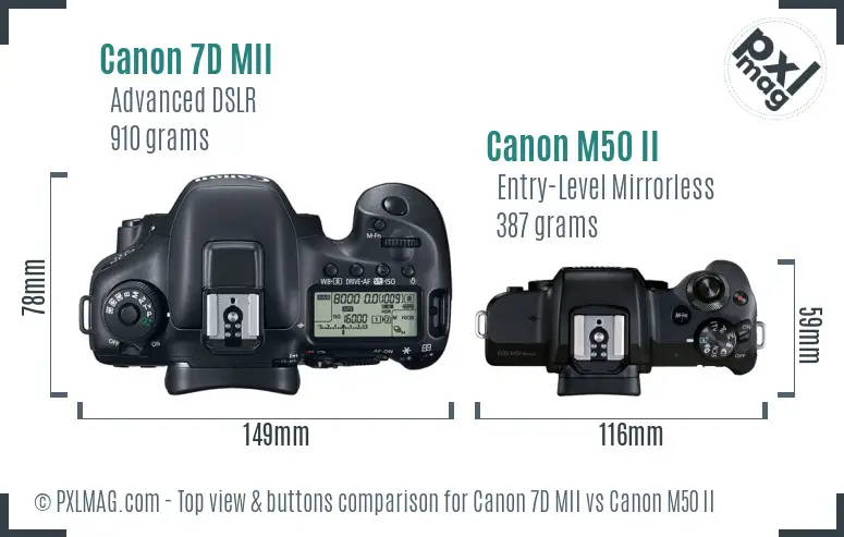 Canon 7D MII vs Canon M50 II top view buttons comparison