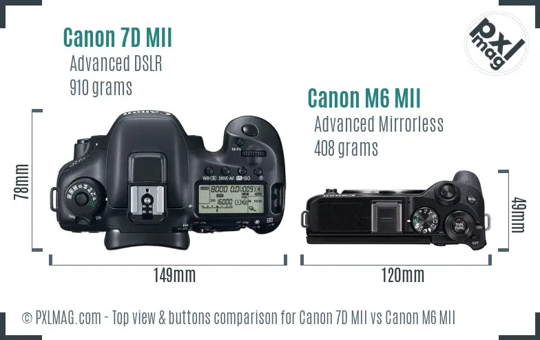 Canon 7D MII vs Canon M6 MII top view buttons comparison