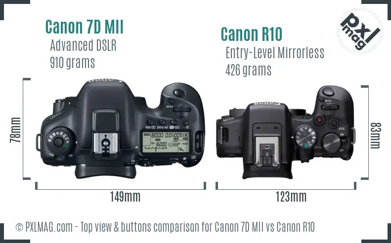Canon 7D MII vs Canon R10 top view buttons comparison Canon 7D MII vs Canon R10 top view buttons comparison