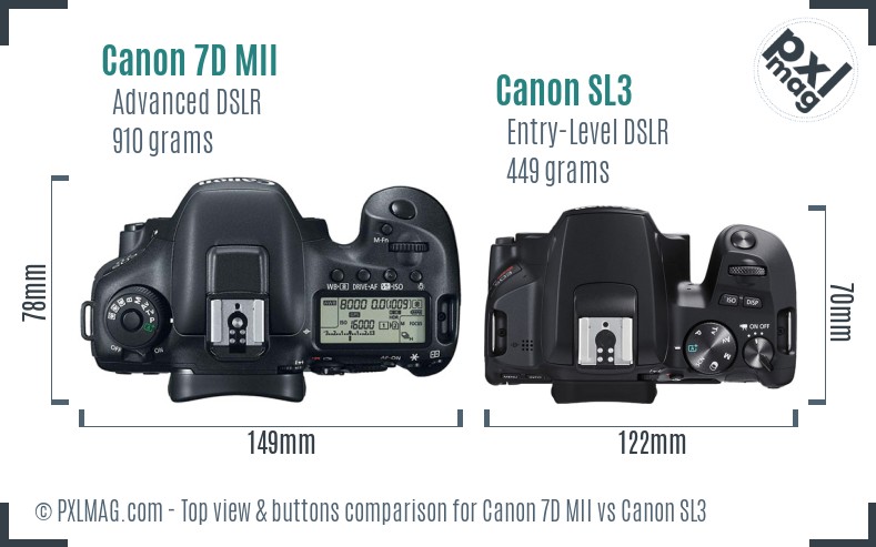 Canon 7D MII vs Canon SL3 top view buttons comparison