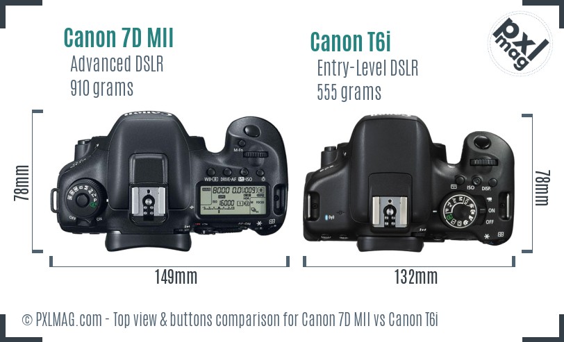 Canon 7D MII vs Canon T6i top view buttons comparison