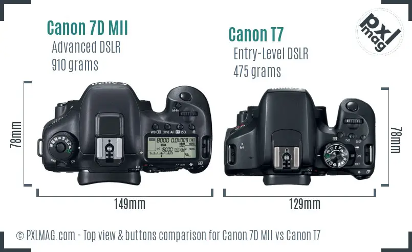 Canon 7D MII vs Canon T7 top view buttons comparison Canon 7D MII vs Canon T7 top view buttons comparison
