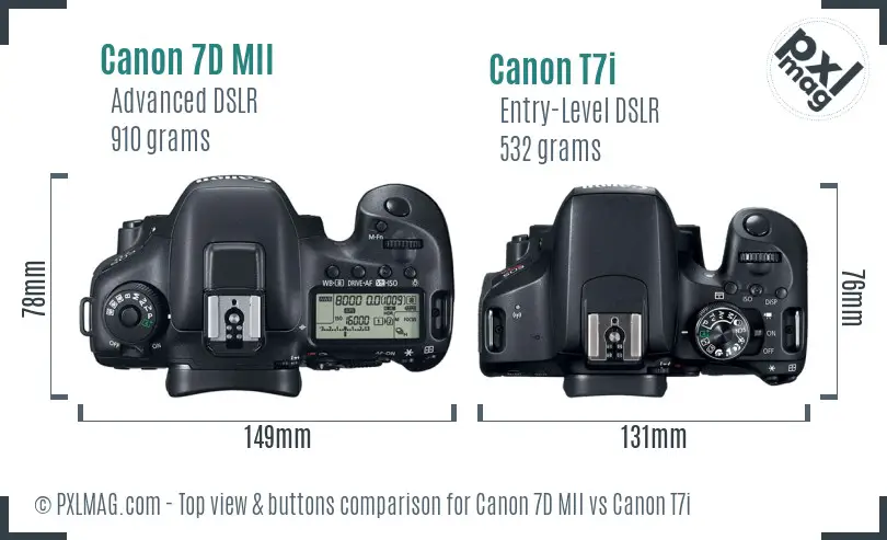 Canon 7D MII vs Canon T7i top view buttons comparison