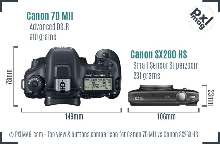 Canon 7D MII vs Canon SX260 HS top view buttons comparison
