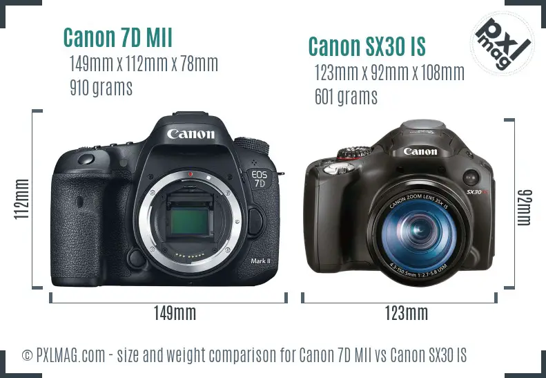 Canon 7D MII vs Canon SX30 IS size comparison