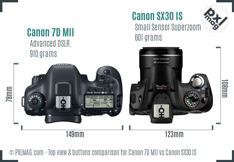Canon 7D MII vs Canon SX30 IS top view buttons comparison