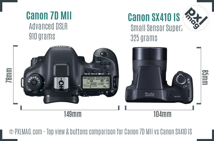 Canon 7D MII vs Canon SX410 IS top view buttons comparison