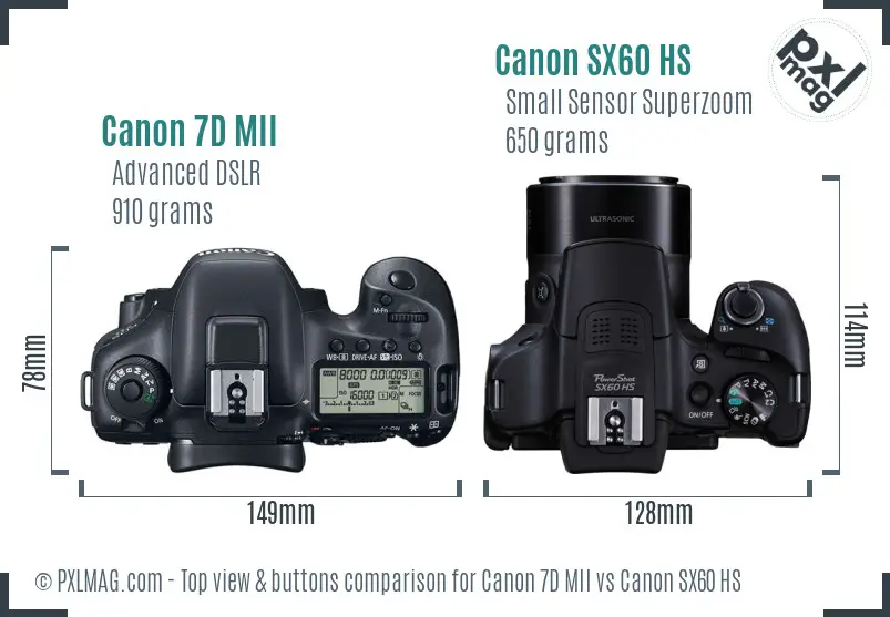 Canon 7D MII vs Canon SX60 HS top view buttons comparison