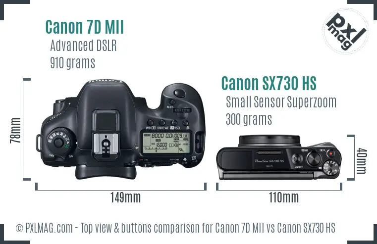 Canon 7D MII vs Canon SX730 HS top view buttons comparison