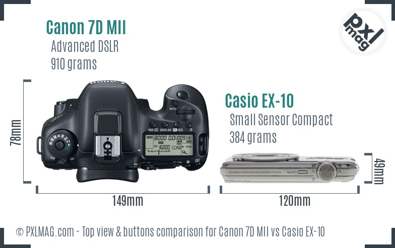 Canon 7D MII vs Casio EX-10 top view buttons comparison