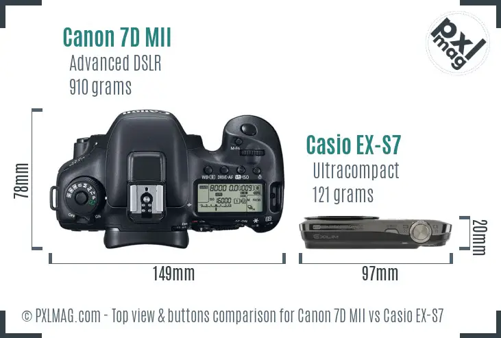 Canon 7D MII vs Casio EX-S7 top view buttons comparison Canon 7D MII vs Casio EX-S7 top view buttons comparison