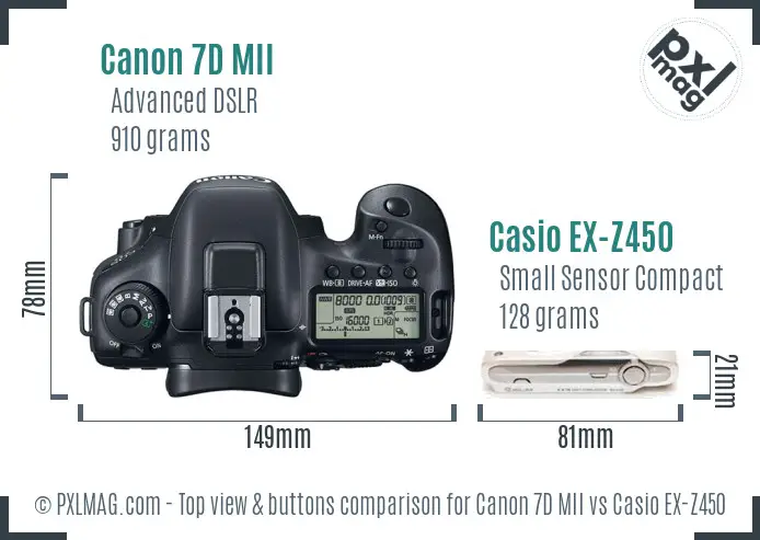 Canon 7D MII vs Casio EX-Z450 top view buttons comparison