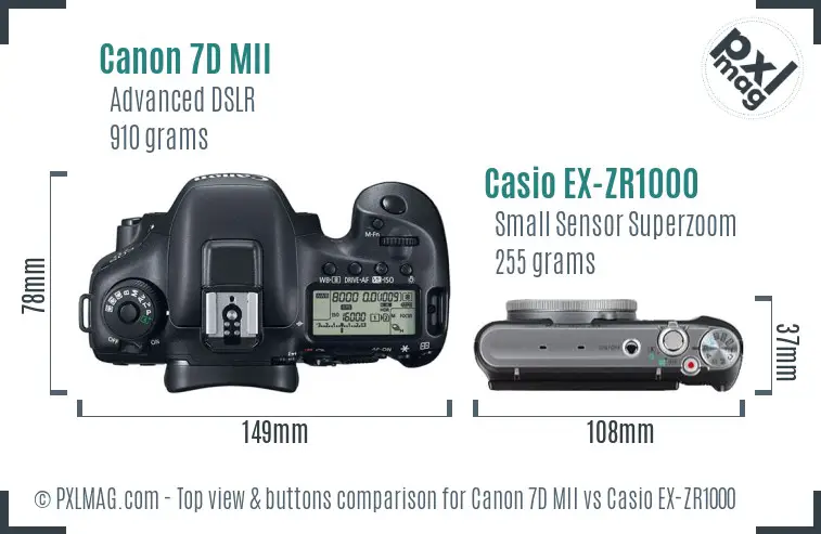 Canon 7D MII vs Casio EX-ZR1000 top view buttons comparison