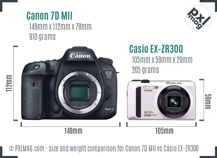 Canon 7D MII vs Casio EX-ZR300 size comparison