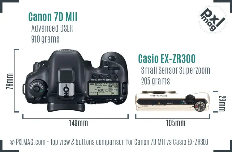 Canon 7D MII vs Casio EX-ZR300 top view buttons comparison