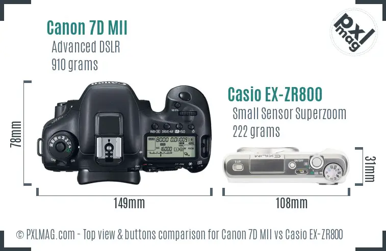Canon 7D MII vs Casio EX-ZR800 top view buttons comparison