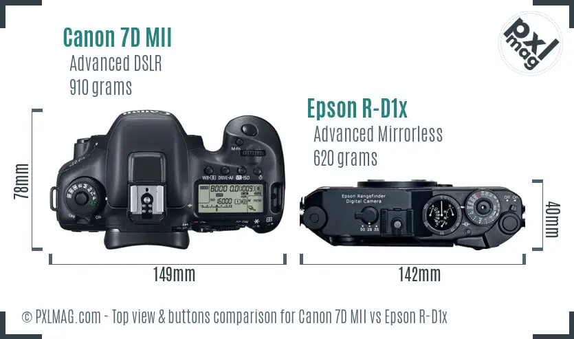 Canon 7D MII vs Epson R-D1x top view buttons comparison