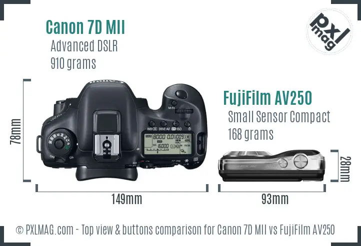 Canon 7D MII vs FujiFilm AV250 top view buttons comparison