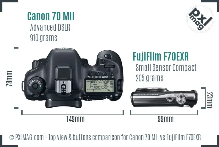 Canon 7D MII vs FujiFilm F70EXR top view buttons comparison