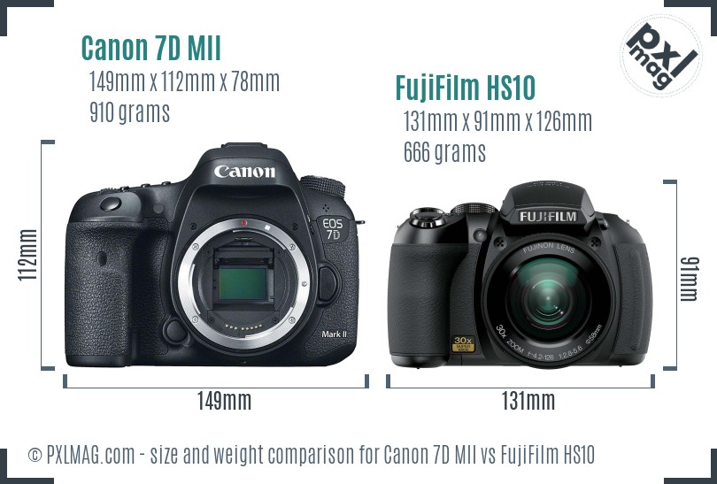 Canon 7D MII vs FujiFilm HS10 size comparison