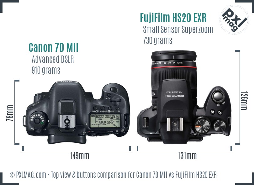 Canon 7D MII vs FujiFilm HS20 EXR top view buttons comparison