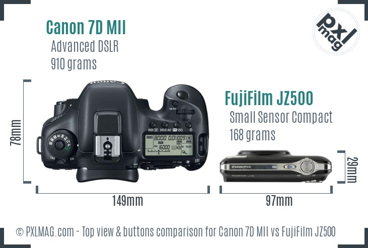 Canon 7D MII vs FujiFilm JZ500 top view buttons comparison