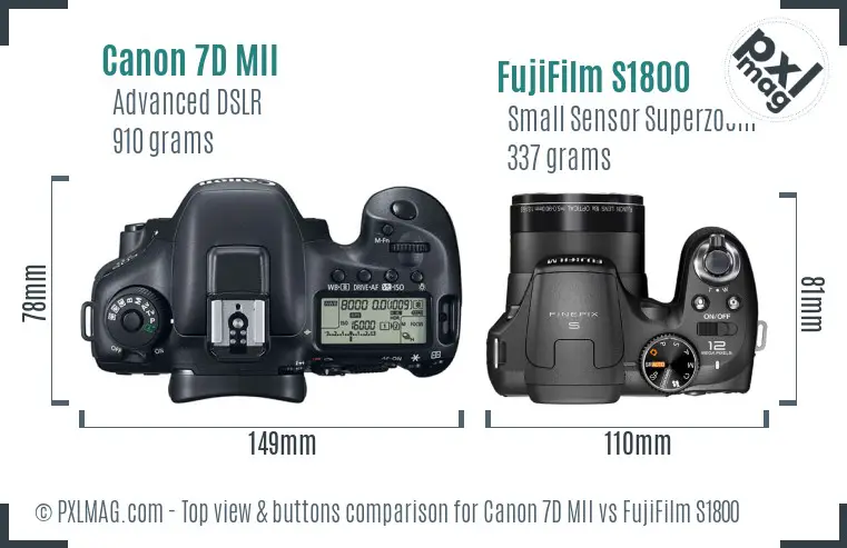 Canon 7D MII vs FujiFilm S1800 top view buttons comparison