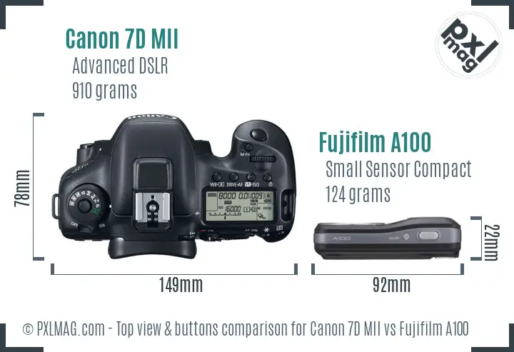 Canon 7D MII vs Fujifilm A100 top view buttons comparison Canon 7D MII vs Fujifilm A100 top view buttons comparison