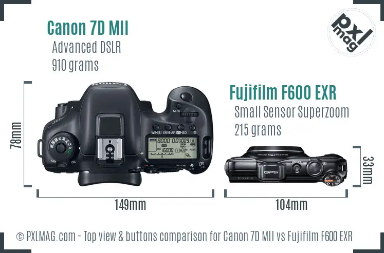 Canon 7D MII vs Fujifilm F600 EXR top view buttons comparison