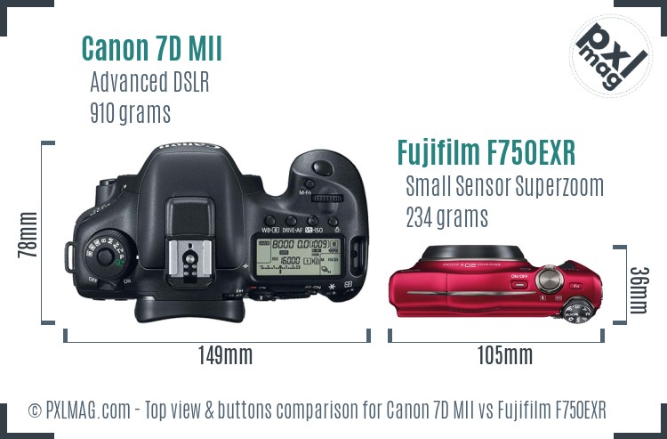 Canon 7D MII vs Fujifilm F750EXR top view buttons comparison
