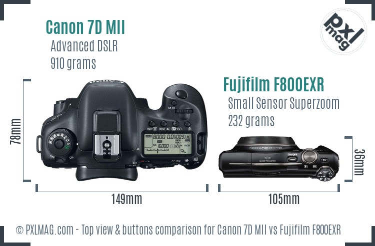 Canon 7D MII vs Fujifilm F800EXR top view buttons comparison