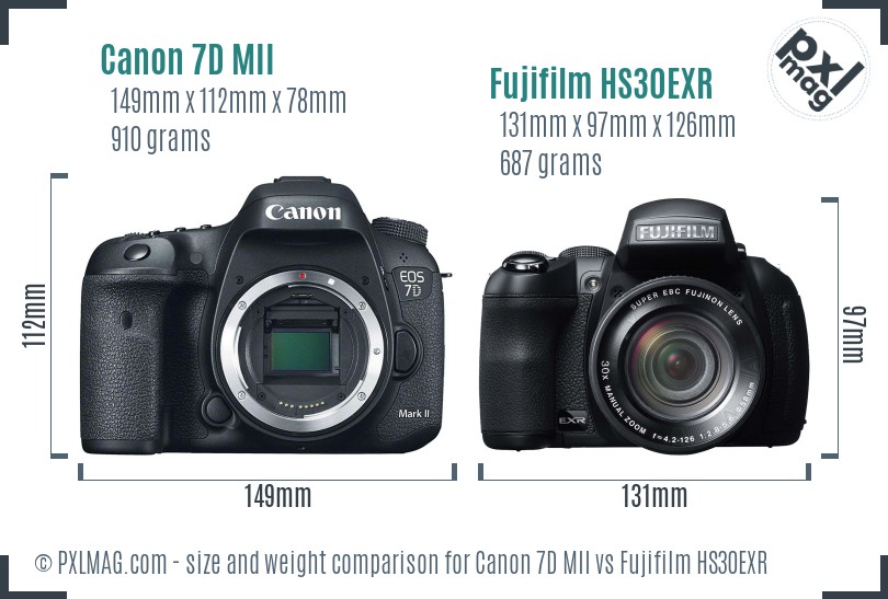 Canon 7D MII vs Fujifilm HS30EXR size comparison Canon 7D MII vs Fujifilm HS30EXR size comparison