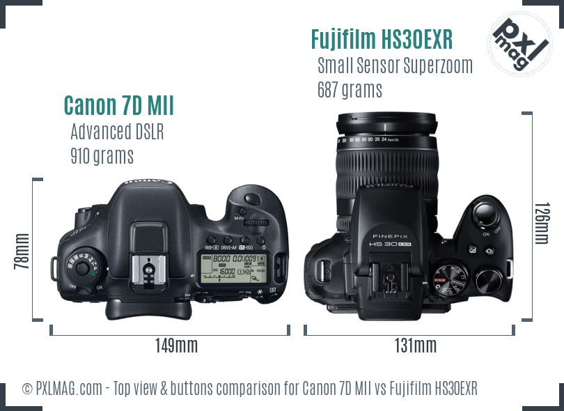 Canon 7D MII vs Fujifilm HS30EXR top view buttons comparison