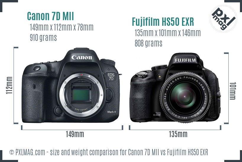 Canon 7D MII vs Fujifilm HS50 EXR size comparison Canon 7D MII vs Fujifilm HS50 EXR size comparison
