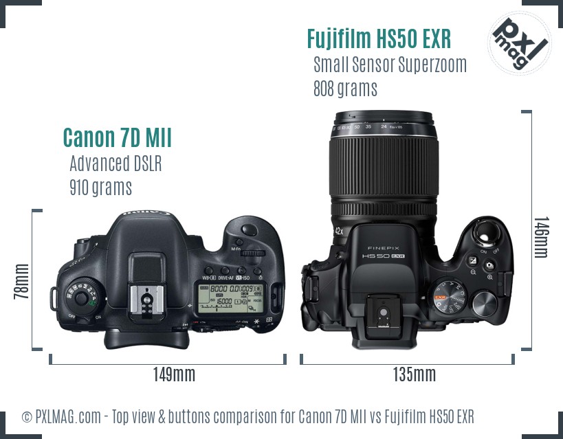 Canon 7D MII vs Fujifilm HS50 EXR top view buttons comparison