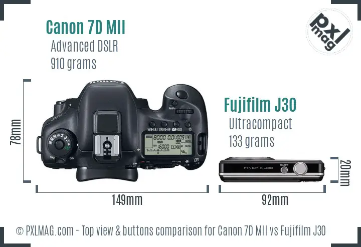 Canon 7D MII vs Fujifilm J30 top view buttons comparison