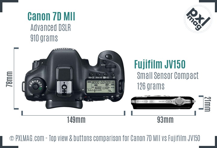 Canon 7D MII vs Fujifilm JV150 top view buttons comparison
