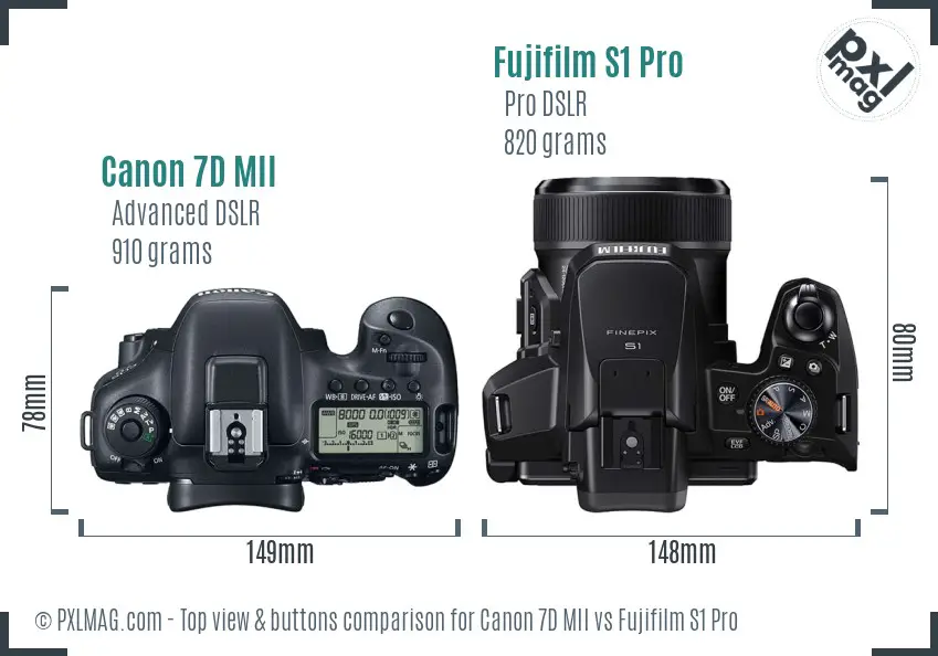 Canon 7D MII vs Fujifilm S1 Pro top view buttons comparison