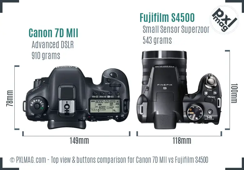 Canon 7D MII vs Fujifilm S4500 top view buttons comparison