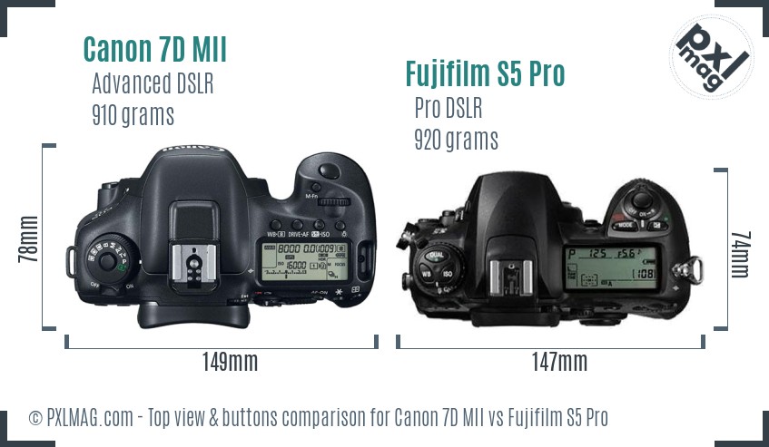 Canon 7D MII vs Fujifilm S5 Pro top view buttons comparison