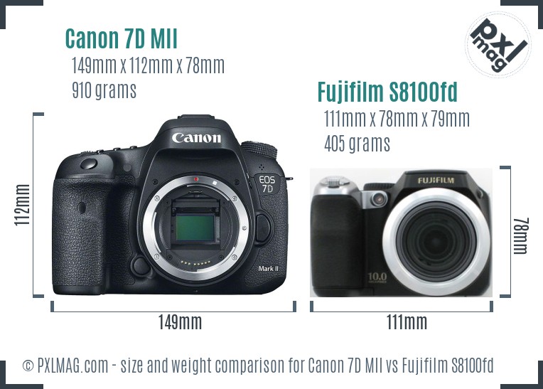 Canon 7D MII vs Fujifilm S8100fd size comparison