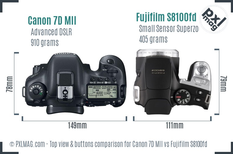 Canon 7D MII vs Fujifilm S8100fd top view buttons comparison
